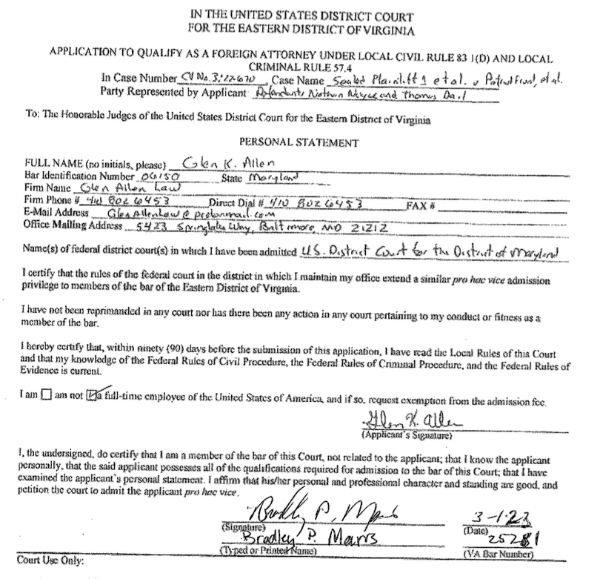 Court document showing Baltimore Lawyer Glen Allen is Representing Patriot Front Members Nathan Noyce and Thomas Dail. Allen was vouched for by Virginia lawyer Brad Marrs of Richmond. Document filed March 1, 2023 with eastern virginia district court