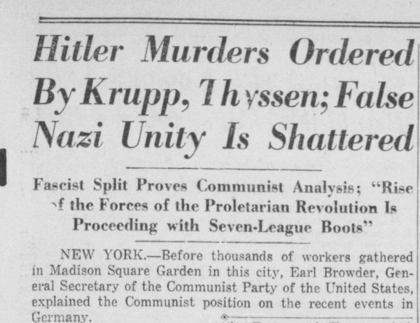 Daily Worker Front Page Headline: Hitler Murders Ordered By Krupp, Thyssen; False Nazi Unity Is Shattered