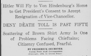 Indianapolis Times lead story Hitler will fly to Von Hindenburg's home to get president's consent to accept resignation of vice-chancellor