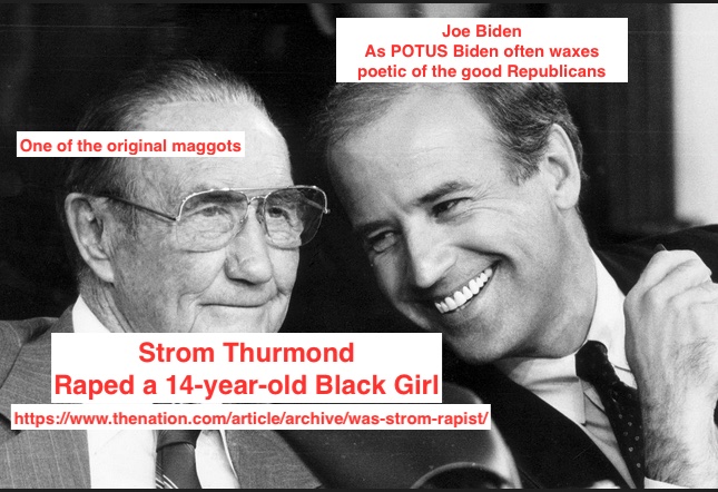 Old Black and White Photo of Senator Strom Thurmond and then-Senator Joe Biden smiling and laughing together. The words "Strom Thurmond Raped a 14-year-old black girl under Thurmond's face. Above Biden's head it reads, "Joe Biden as potus often waxes poetic of the good republicans. There is also a link a Nation article about the rape allegations against Thurmond. That link is also listed below.