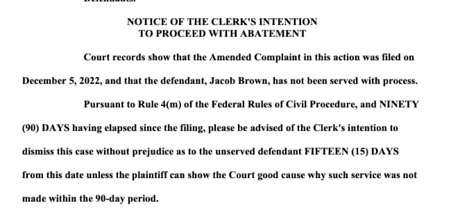 Screenshot of court doc saying the case is being dismissed against this chud